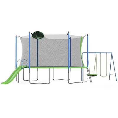 12FT Trampoline With Slide And Swings, ASTM Approved Large Recreational Trampoline With Basketball Hoop And Ladder,Outdoor Backyard Trampoline With Net, Capacity For Kids And Adults