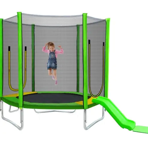 7FT Trampoline For Kids With Safety Enclosure Net, Slide And Ladder, Easy Assembly Round Outdoor Recreational Trampoline