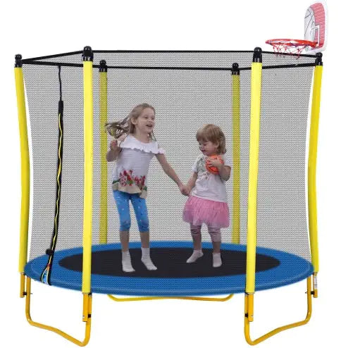 5.5FT Trampoline For Kids -65 Outdoor & Indoor Mini Toddler Trampoline With Enclosure, Basketball Hoop And Ball Included