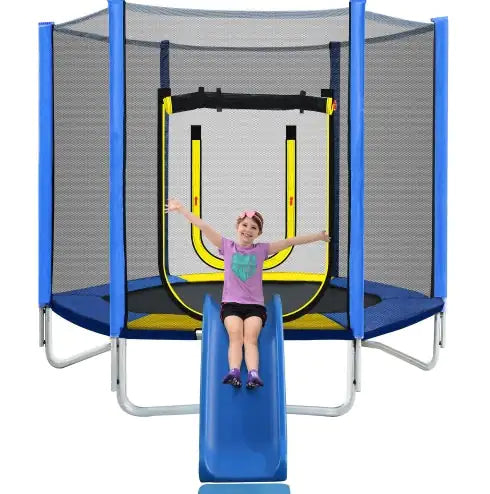 7FT Trampoline For Kids With Safety Enclosure Net, Slide And Ladder, Easy Assembly Round Outdoor Recreational Trampoline