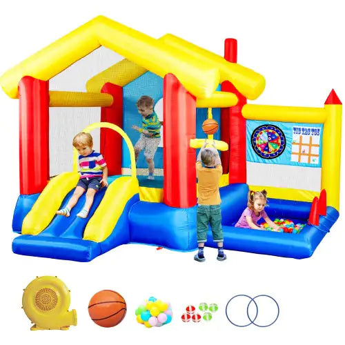 8-in-1 Inflatable Bounce House With Blower Basketball Stand Ocean Ball Throwing Ring Game Target And Sticky Ball Game For Kids