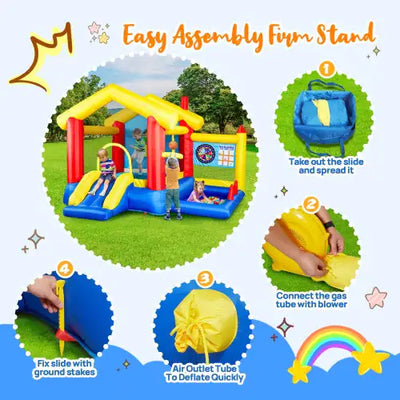 8-in-1 Inflatable Bounce House With Blower Basketball Stand Ocean Ball Throwing Ring Game Target And Sticky Ball Game For Kids