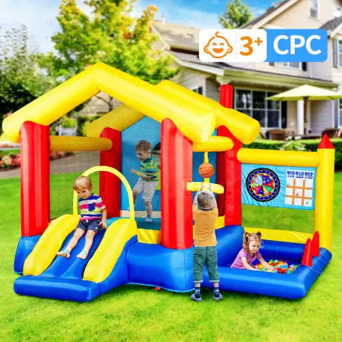 8-in-1 Inflatable Bounce House With Blower Basketball Stand Ocean Ball Throwing Ring Game Target And Sticky Ball Game For Kids