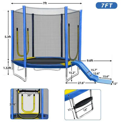 7FT Trampoline For Kids With Safety Enclosure Net, Slide And Ladder, Easy Assembly Round Outdoor Recreational Trampoline