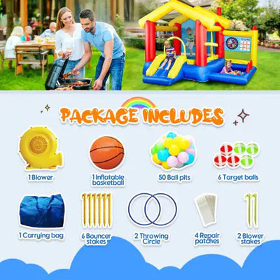 8-in-1 Inflatable Bounce House With Blower Basketball Stand Ocean Ball Throwing Ring Game Target And Sticky Ball Game For Kids