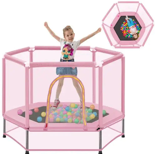 55'' Toddlers Trampoline With Safety Enclosure Net And Balls, Indoor Outdoor Mini Trampoline For Kids