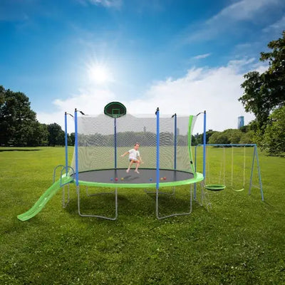 12FT Trampoline With Slide And Swings, ASTM Approved Large Recreational Trampoline With Basketball Hoop And Ladder,Outdoor Backyard Trampoline With Net, Capacity For Kids And Adults