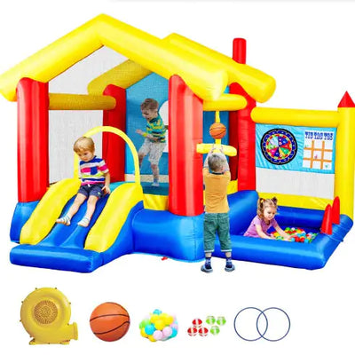 8 In 1 Inflatable Bounce House With Blower Basketball Hoop Ocean Balls Ring-toss Game Target And Sticky Ball Game For Kids