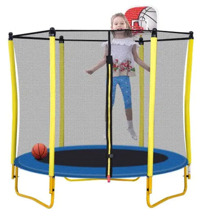 5.5FT Trampoline For Kids -65 Outdoor & Indoor Mini Toddler Trampoline With Enclosure, Basketball Hoop And Ball Included