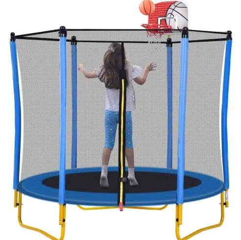 5.5FT Trampoline For Kids -65 Outdoor & Indoor Mini Toddler Trampoline With Enclosure, Basketball Hoop And Ball Included