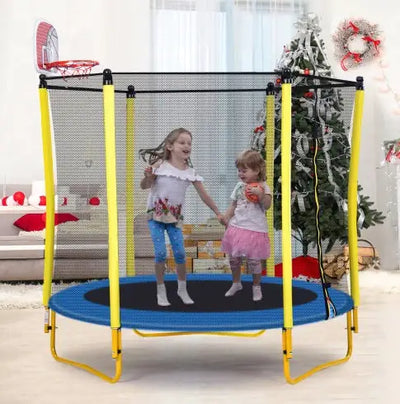 5.5FT Trampoline For Kids -65 Outdoor & Indoor Mini Toddler Trampoline With Enclosure, Basketball Hoop And Ball Included