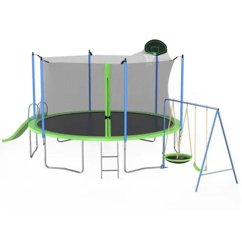 12FT Trampoline With Slide And Swings, ASTM Approved Large Recreational Trampoline With Basketball Hoop And Ladder,Outdoor Backyard Trampoline With Net, Capacity For Kids And Adults