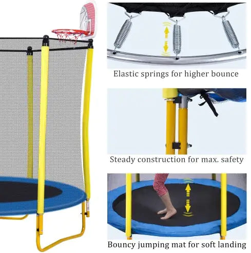 5.5FT Trampoline For Kids -65 Outdoor & Indoor Mini Toddler Trampoline With Enclosure, Basketball Hoop And Ball Included